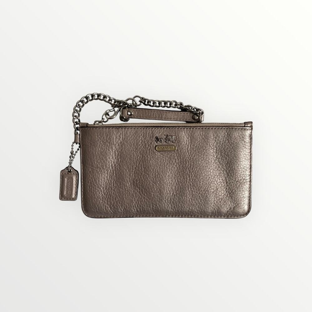 COACH Metallic Taupe Leather Chain Wristlet Pouch Bag - Picture 3 of 10